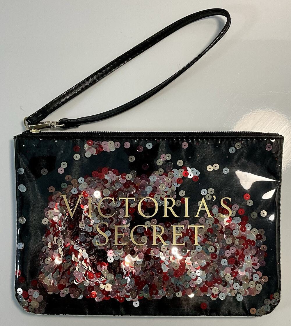 Victoria's Secret Floating Confetti Sequins Wristlet Pouch Clutch Cosmetic Bag